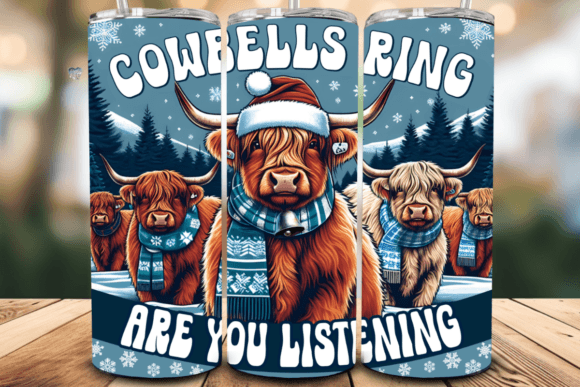 Christmas Highland Cow Tumbler Wrap PNG Design