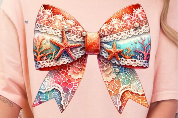 Coral Starfish Lace Bow PNG Beach Design